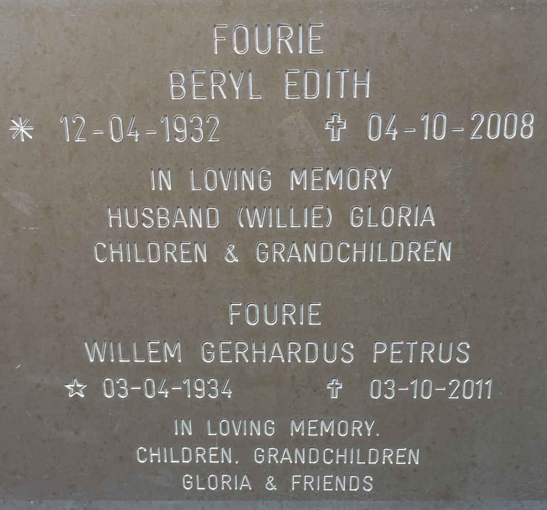 FOURIE Willem Gerhardus Petrus 1934-2011 &amp; Beryl Edith 1932-2008