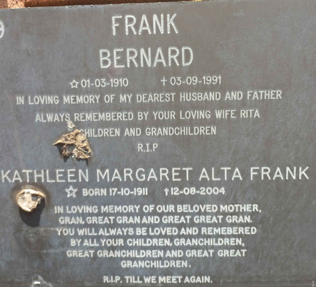 FRANK Bernard 1910-1991 &amp; Kathleen Margaret Alta 1911-2004