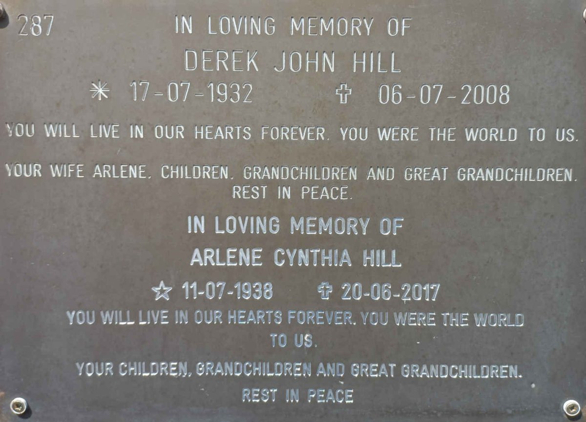 HILL Derek John 1932-2008 &amp; Arlene Cynthia 1938-2017