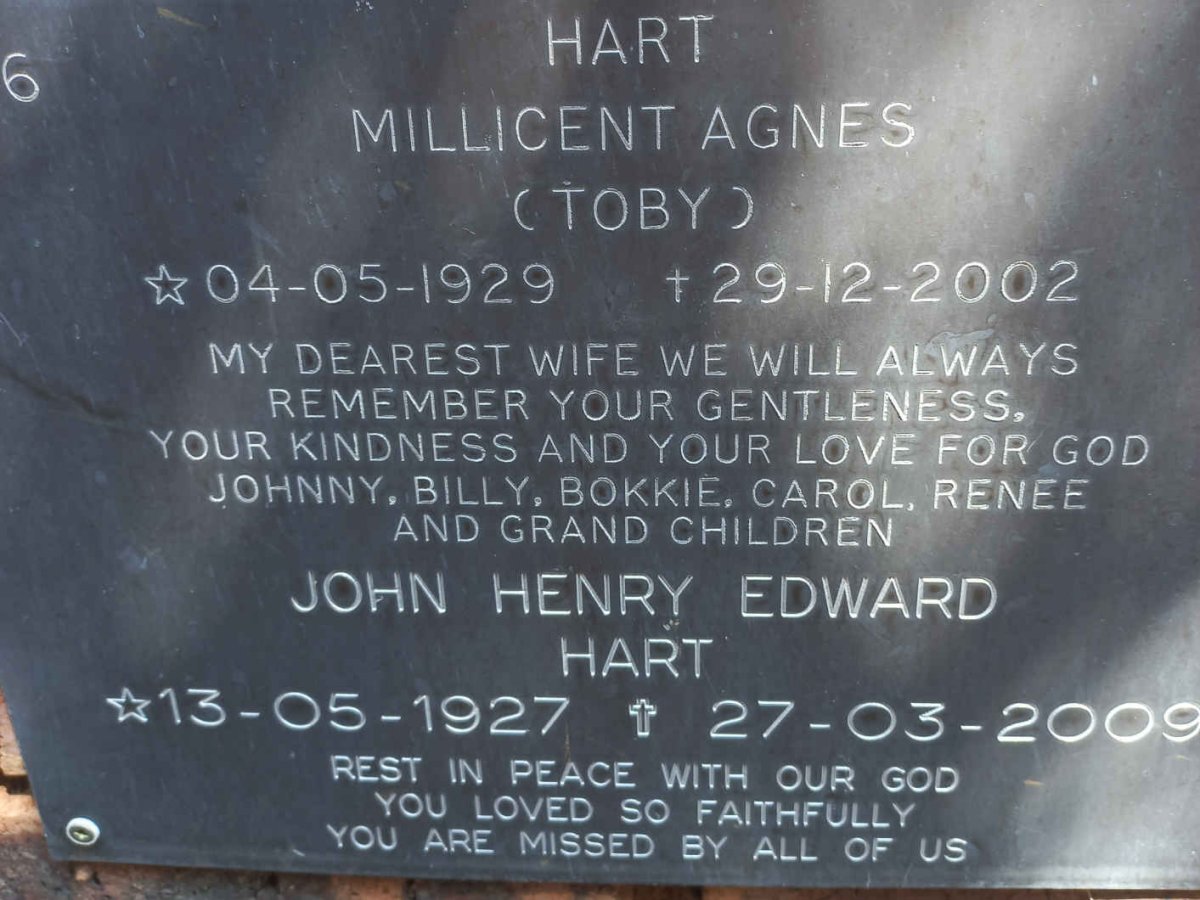 HART John Henry Edward 1927-2009 &amp; Millicent Agnes 1929-2002