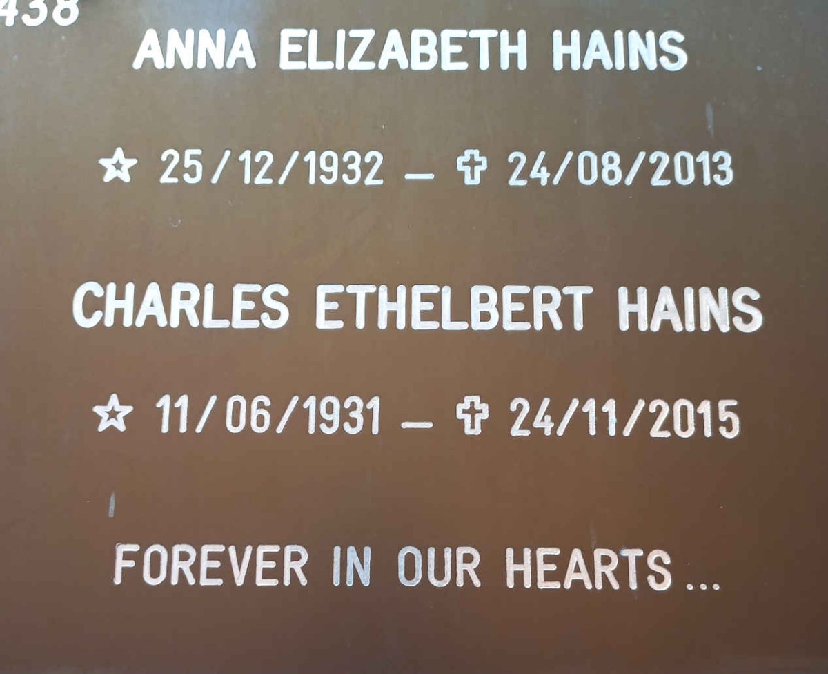 HAINS Charles Ethelbert 1931-2015 &amp; Anna Elizabeth 1932-2013