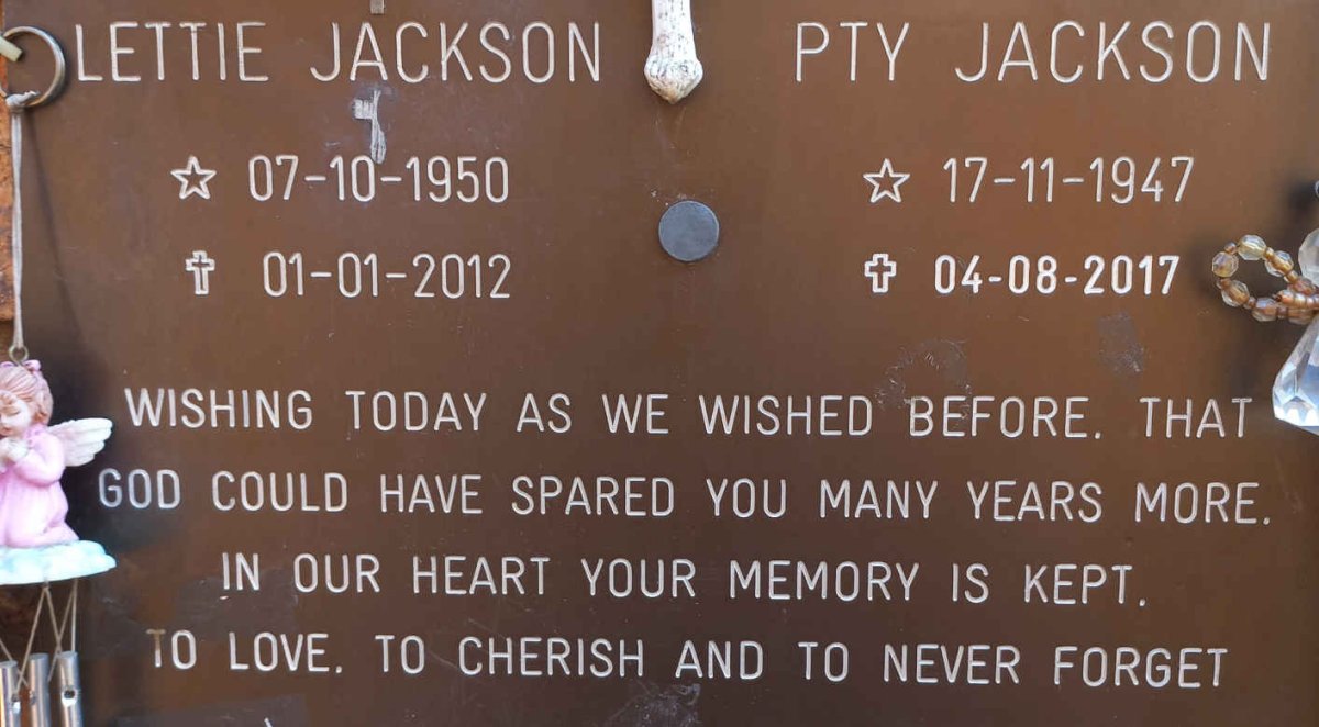 JACKSON Pty 1947-2012 &amp; Lettie 1950-2012