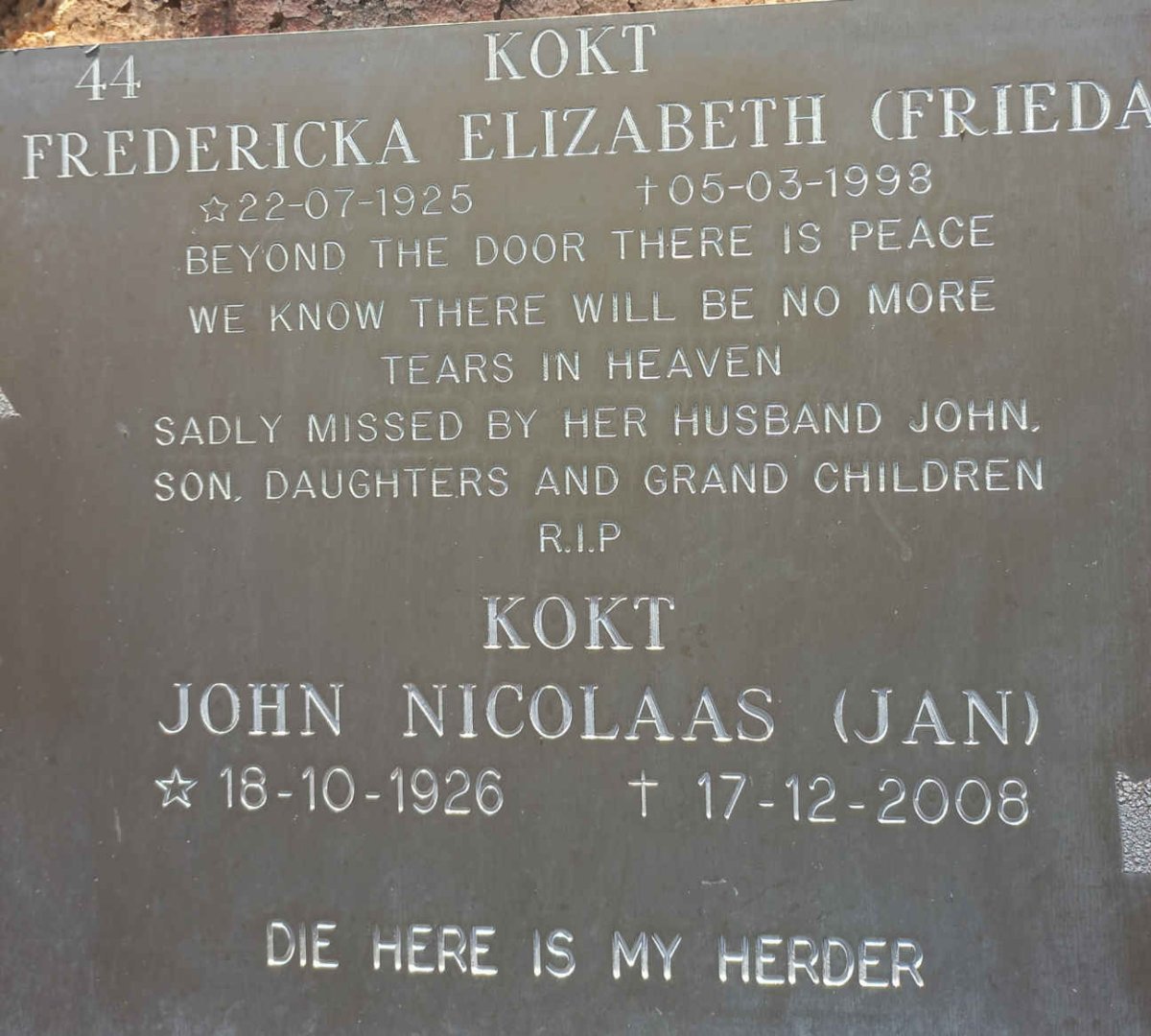 KOKT John Nicolaas 1926-2008 &amp; Fredericka Elizabeth 1925-1998