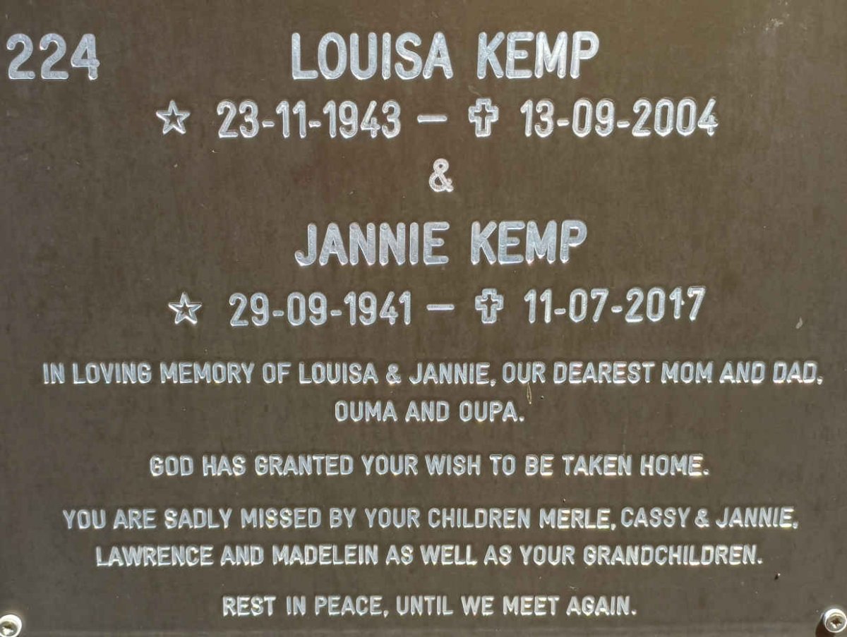 KEMP Jannie 1941-2017 &amp; Louisa 1943-2004