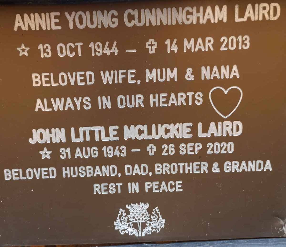 LAIRD John Little Mckluckie 1943-2020 &amp; Annie Young Cunningham 1944-2013