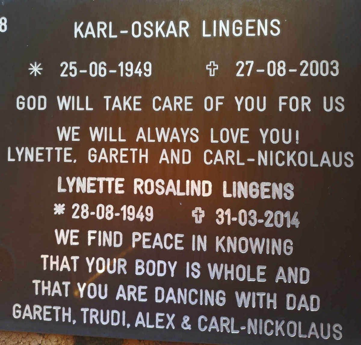 LINGENS Karl-Oskar 1949-2003 &amp; Lynette Rosalind 1949-2014