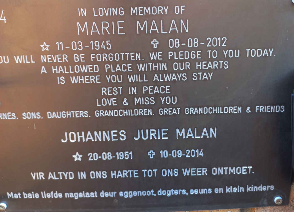MALAN Johannes Jurie 1951-2014 &amp; Marie 1945-2012