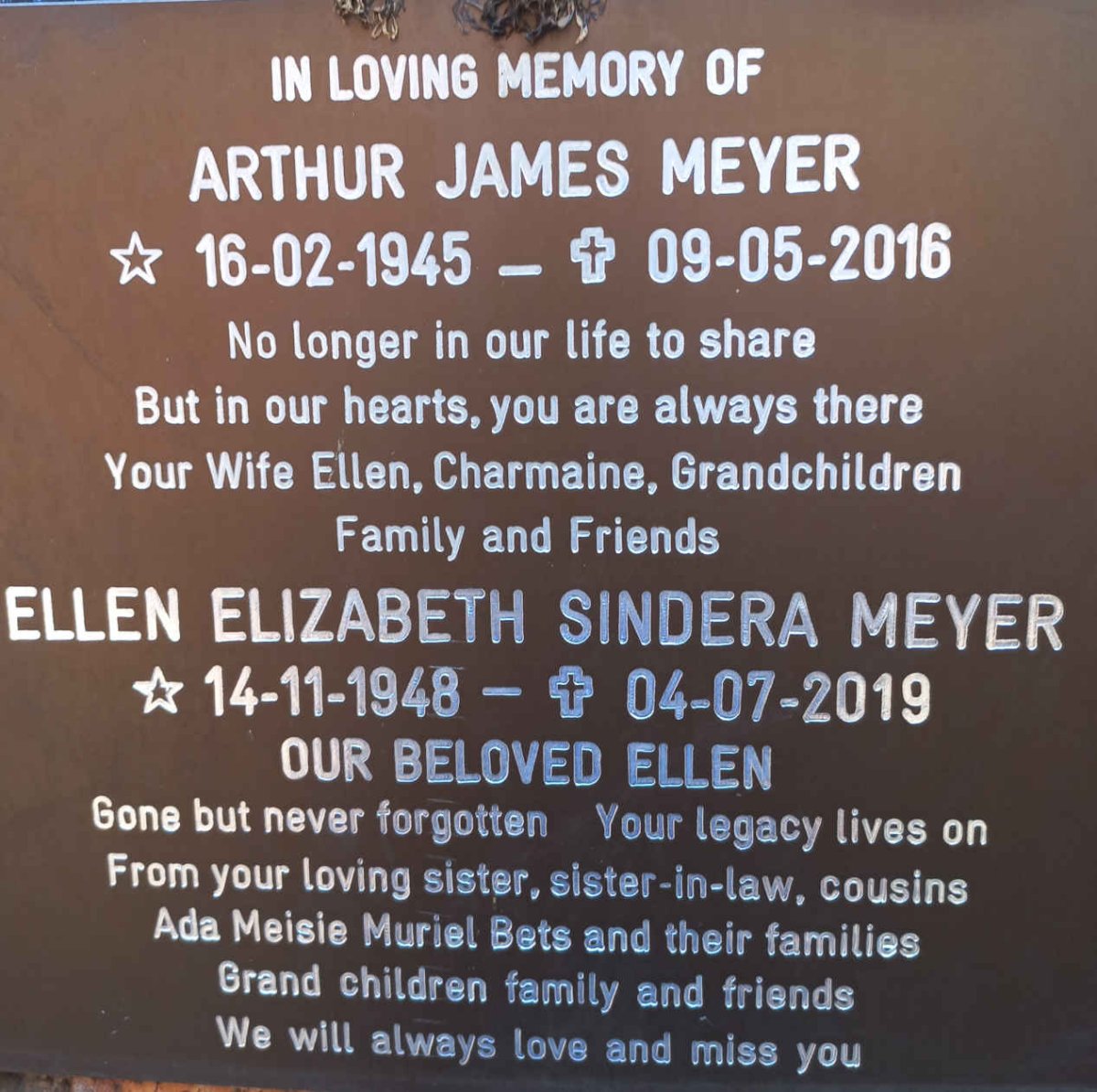 MEYER Arthur James 1945-2016 &amp; Ellen Elizabeth Sindera 1948-2019