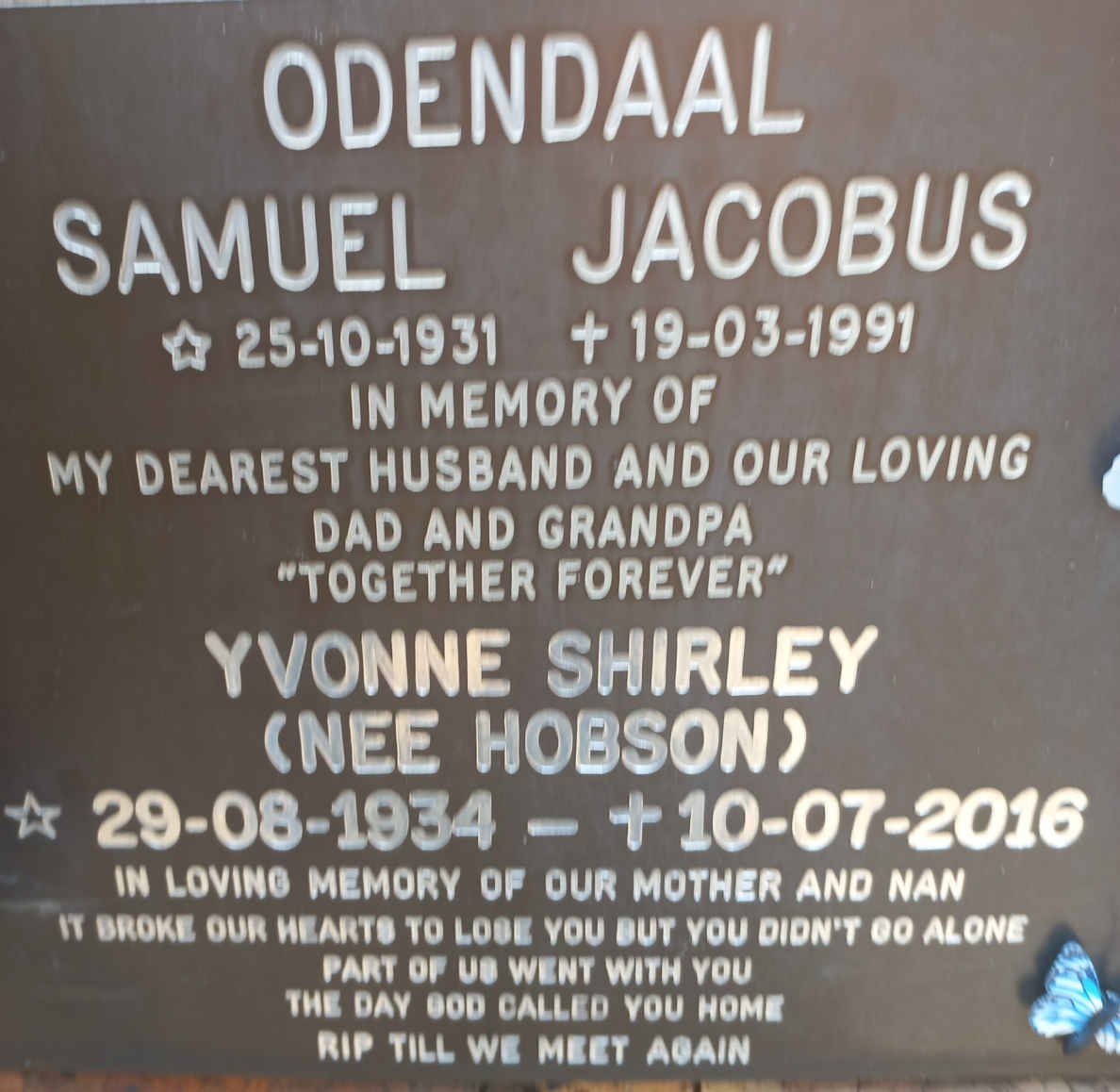 ODENDAAL Samuel  Jacobus 1931-1991 &amp; Yvonne Shirley nee HOBSON 1934-2016