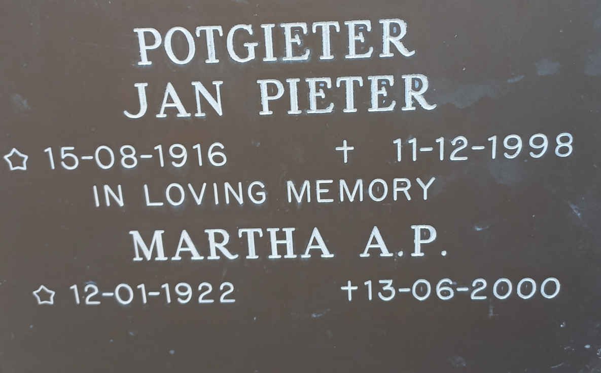 POTGIETER Jan Pieter 1916-1998 &amp; Martha A.P. 1922-2000