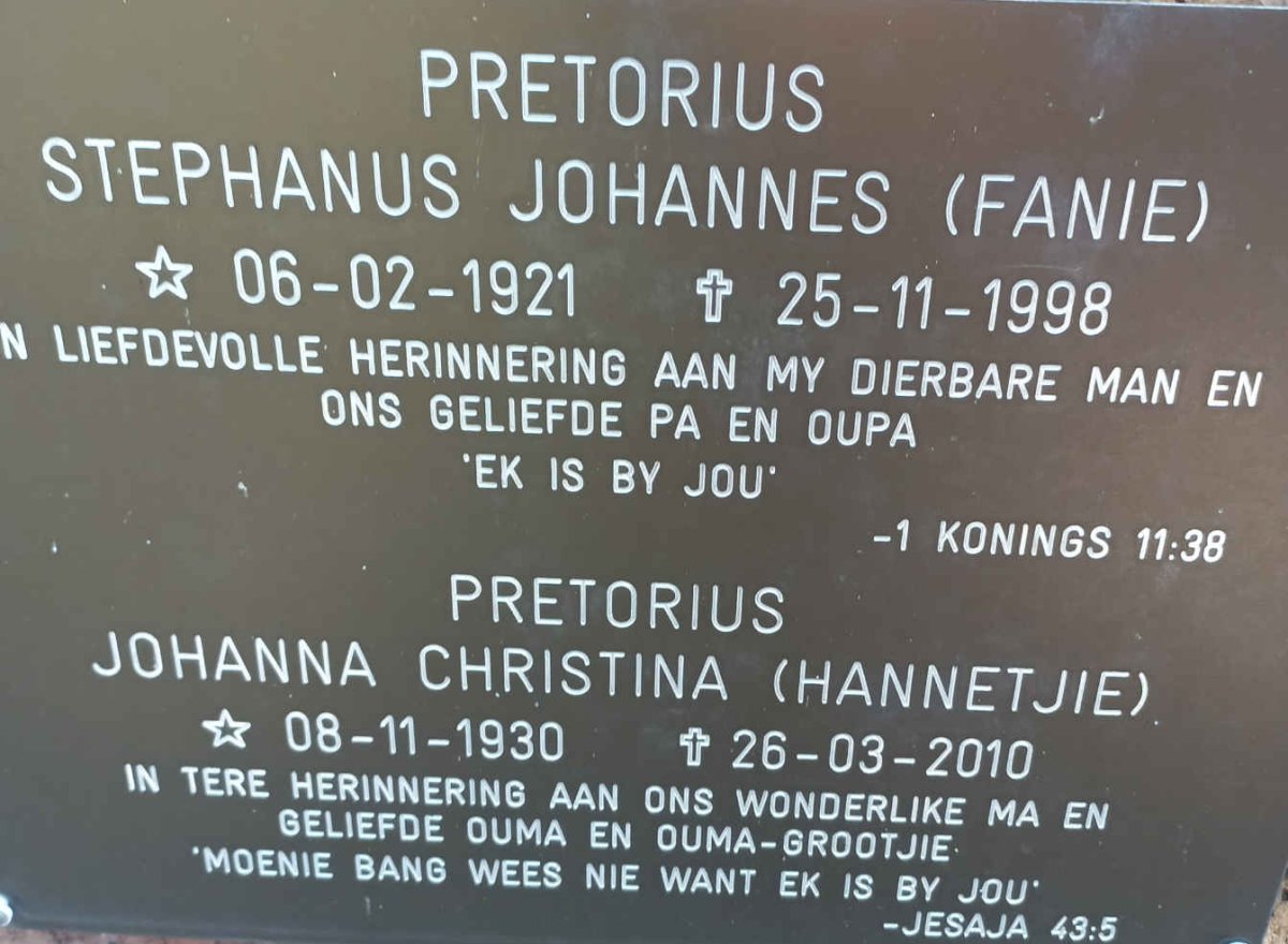 PRETORIUS Stephanus Johannes 1921-1998 &amp; Johanna Christina 1930-2010