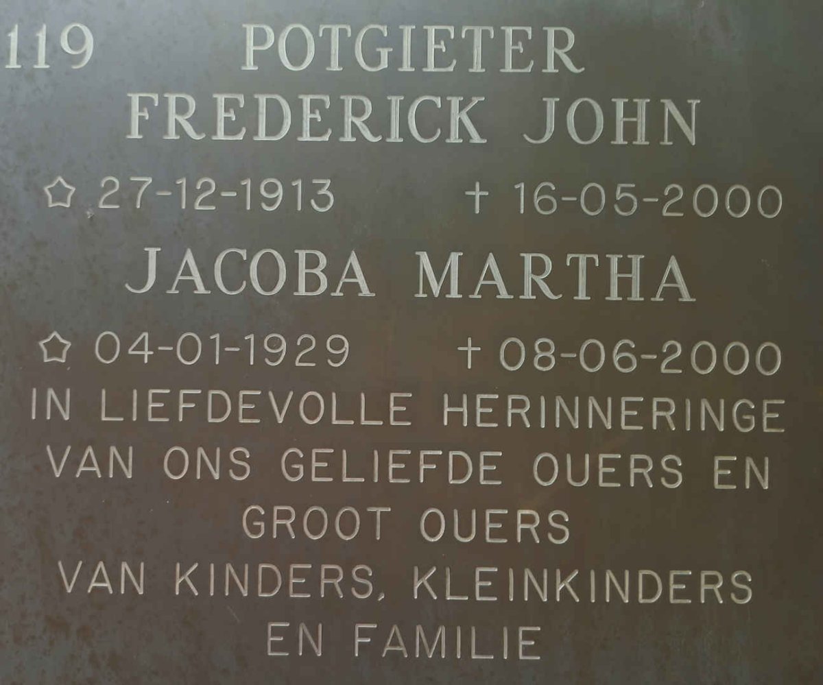 POTGIETER Frederick John 1913-2000 &amp; Jacoba Martha 1929-2000