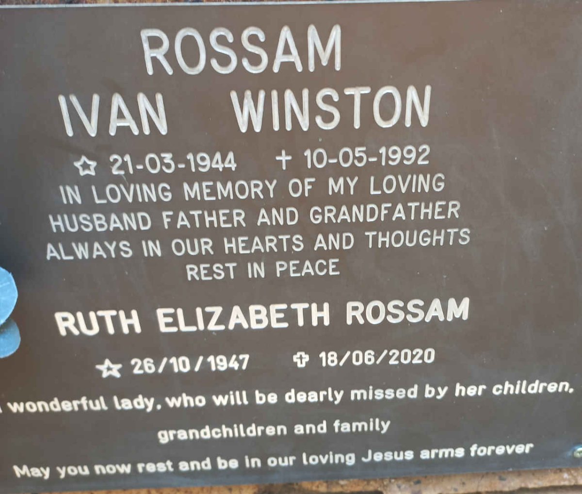 ROSSAM Ivan Winston 1944-1992 &amp; Ruth Elizabeth 1947-2020