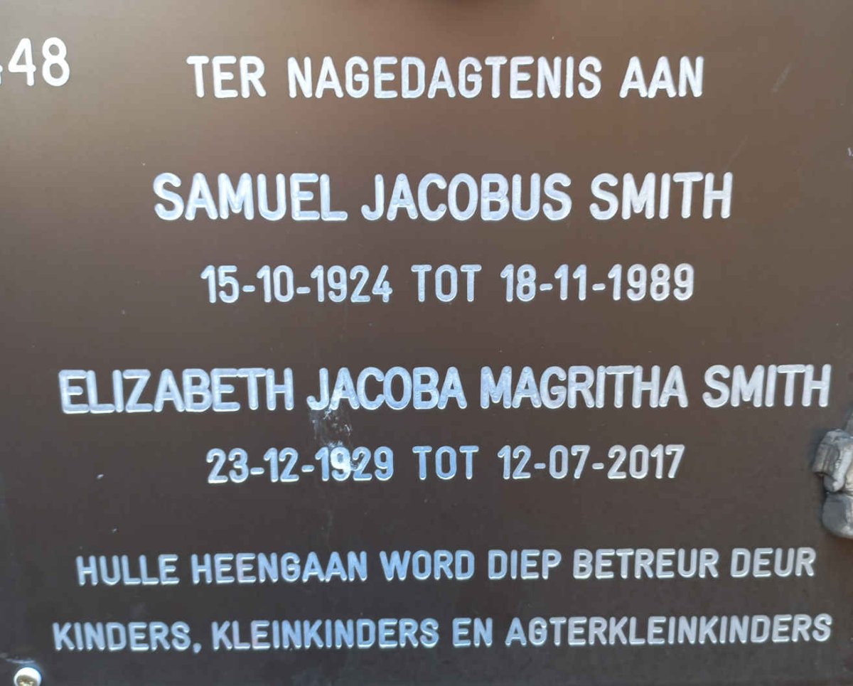 SMITH Samuel Jacobus 1924-1989 &amp; Elizabeth Jacoba Magritha 1929-2017