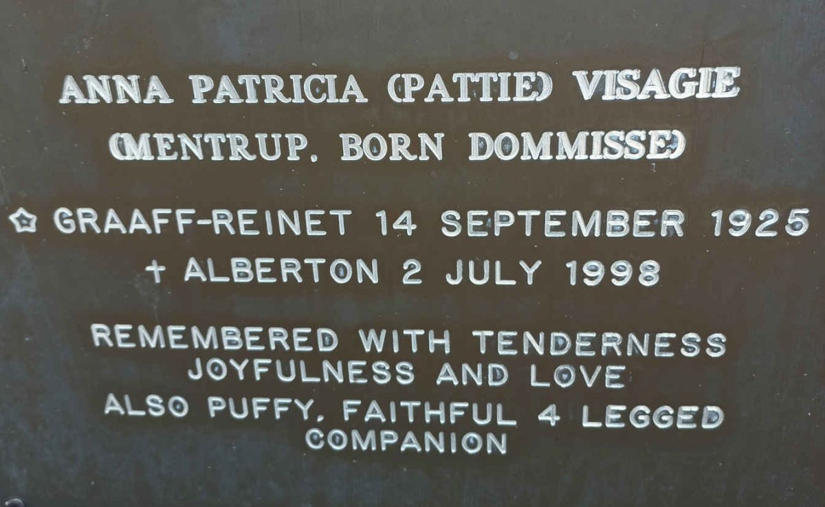 VISAGIE Anna Patricia formerly MENTRUP nee DOMMISSE 1925-1998