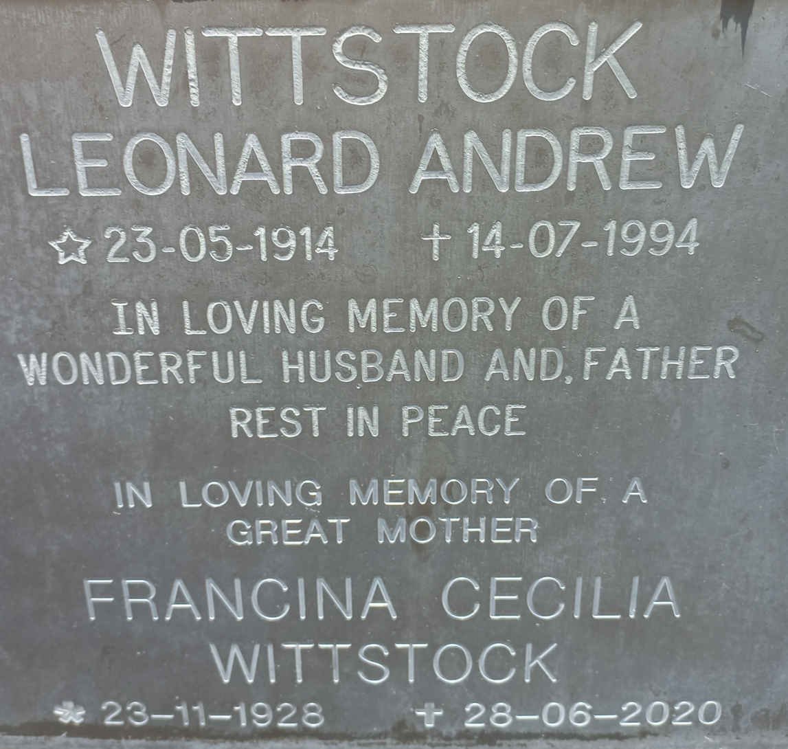 WITTSTOCK Leonard Andrew 1914-1994 &amp; Francina Cecilia 1928-2020