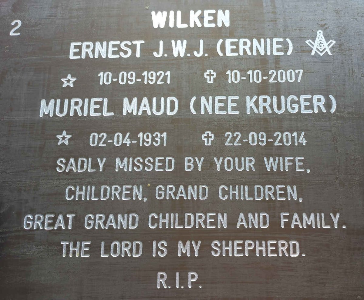 WILKEN Ernest J.W.J. 1921-2007 &amp; Muriel Maud KRUGER 1931-2014