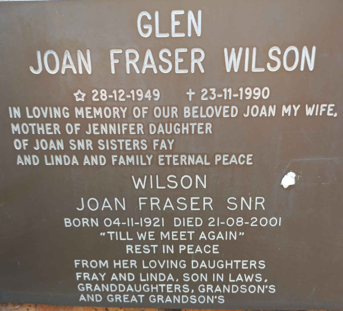 WILSON Joan Fraser 1921-2001 :: GLEN Joan Fraser nee WILSON 1949-1990