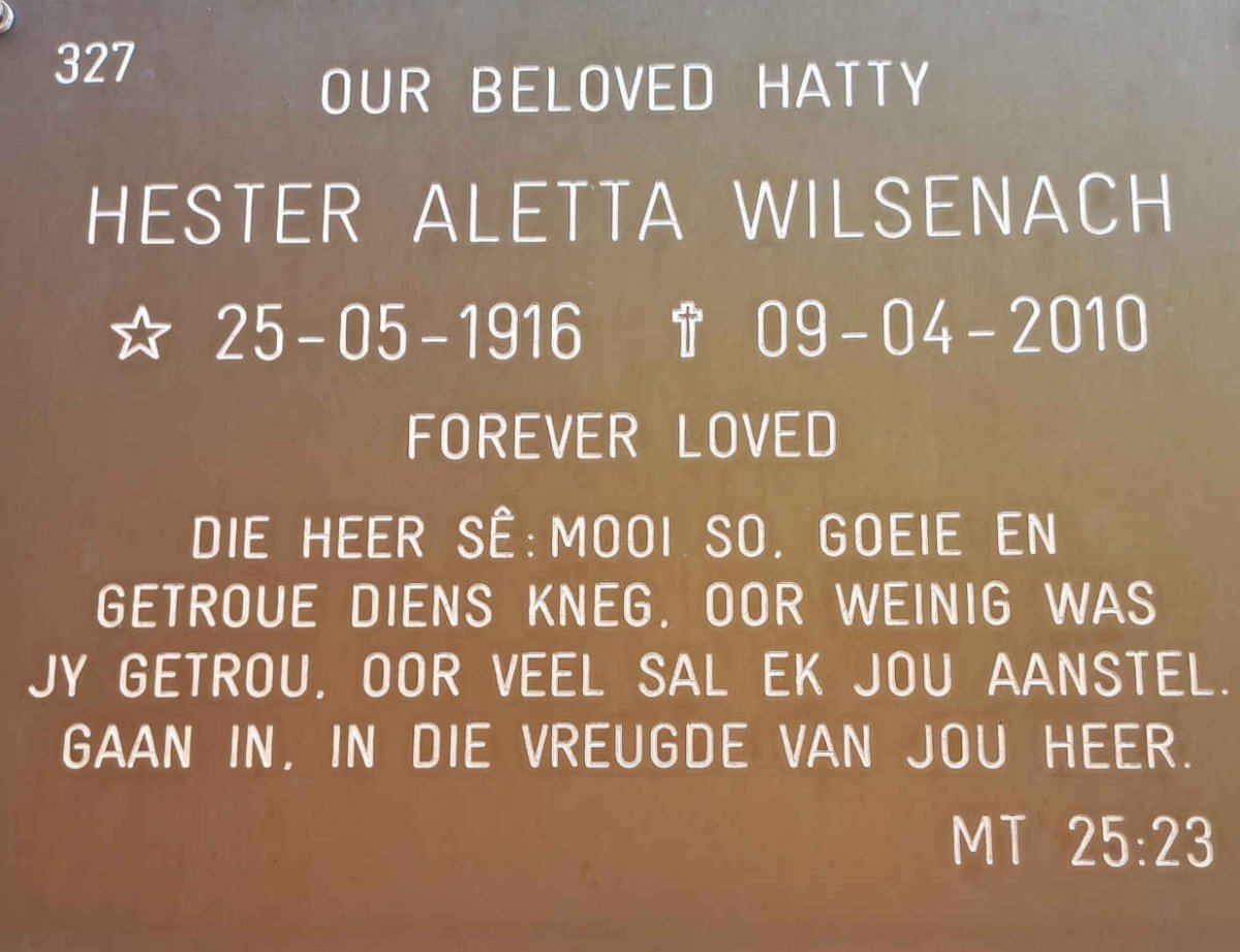 WILSENACH Hester Aletta 1916-2010