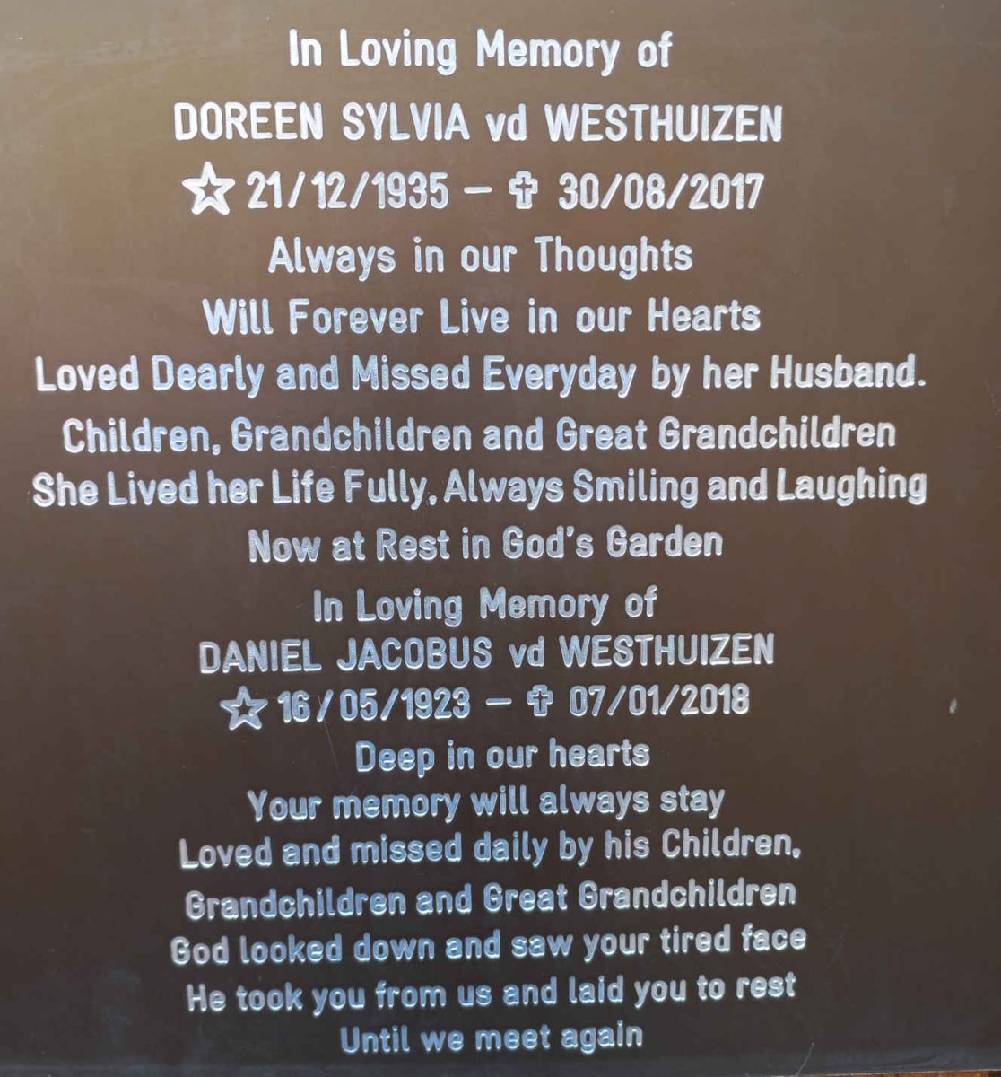 WESTHUIZEN Daniel Jacobus, vd 1923-2018 &amp; Doreen Sylvia 1935-2017