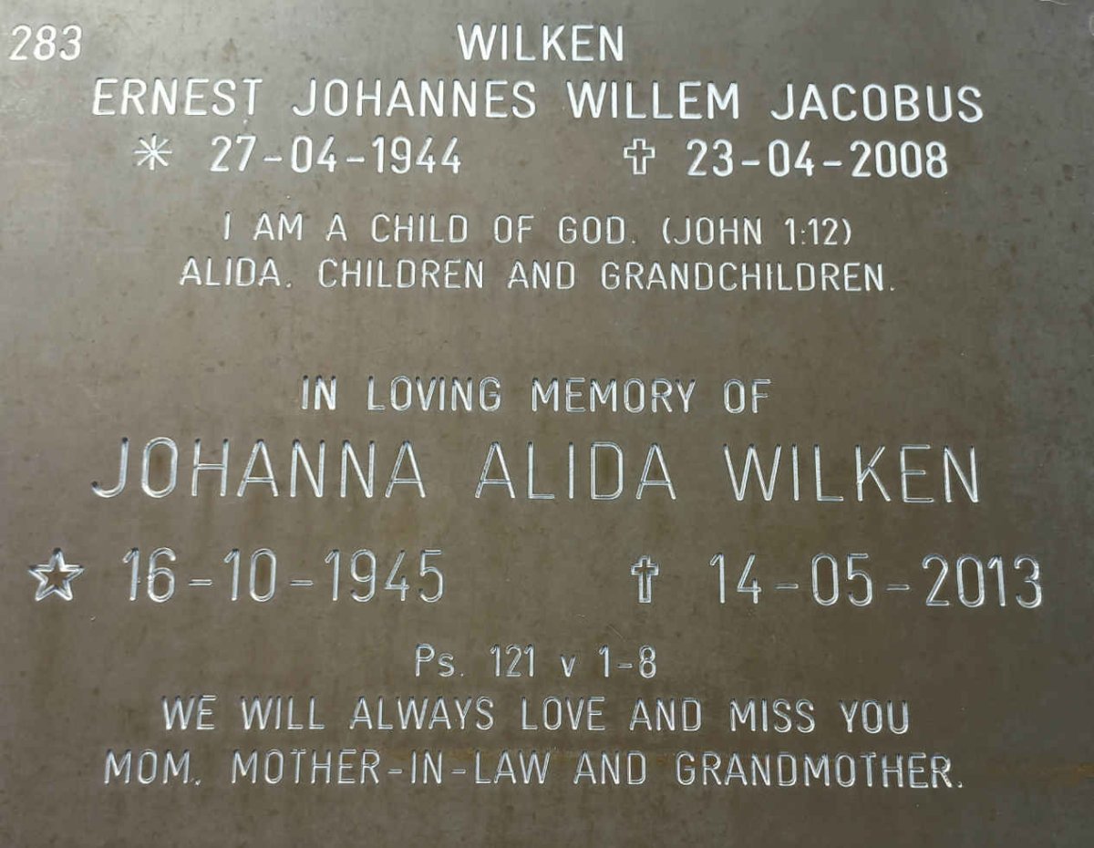 WILKEN Ernest Johannes Willem Jacobus 1944-2008 &amp; Johanna Alida 1945-2013