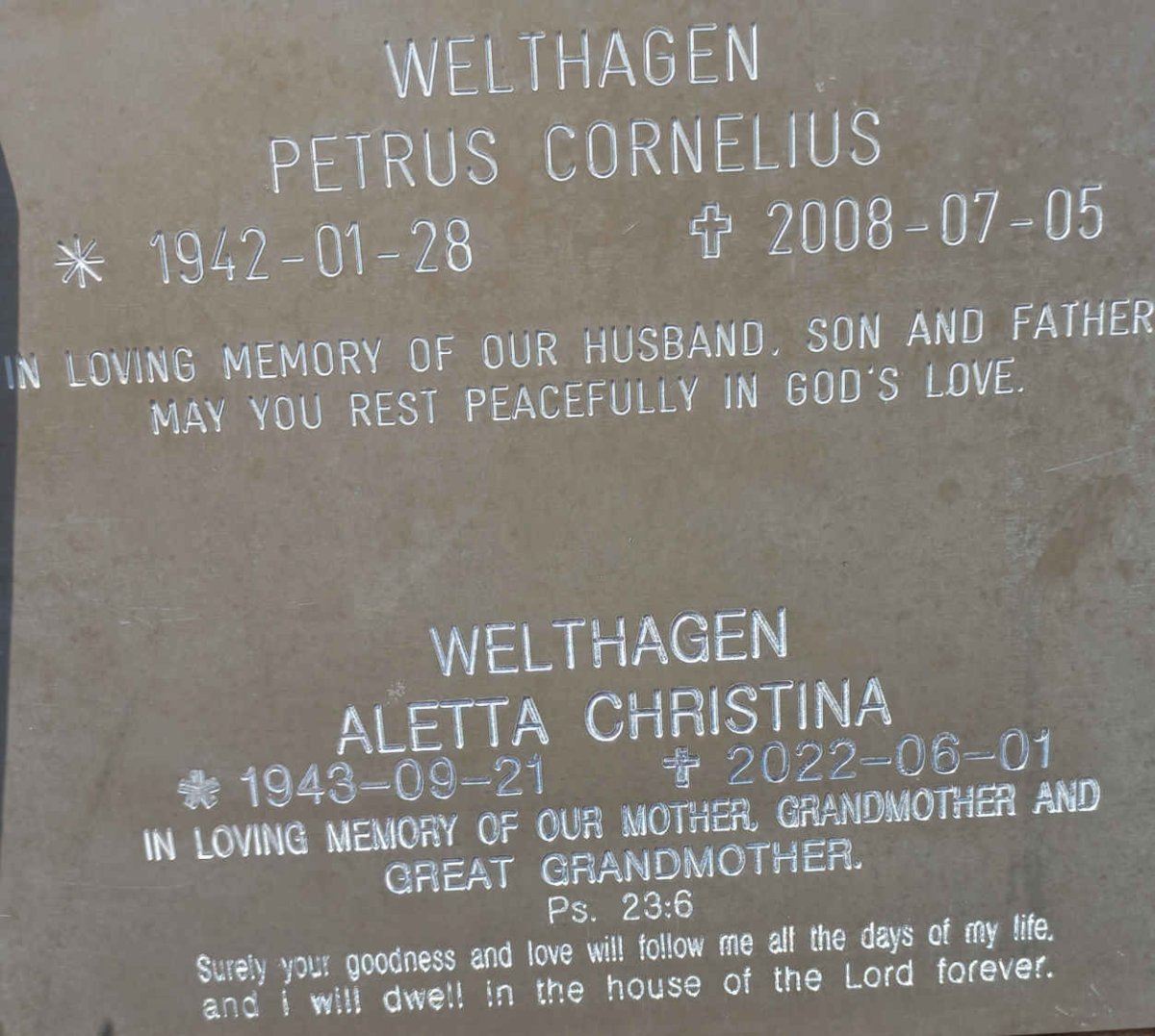 WELTHAGEN Petrus Cornelius 1942-2008 &amp; Aletta Christina 1943-2022