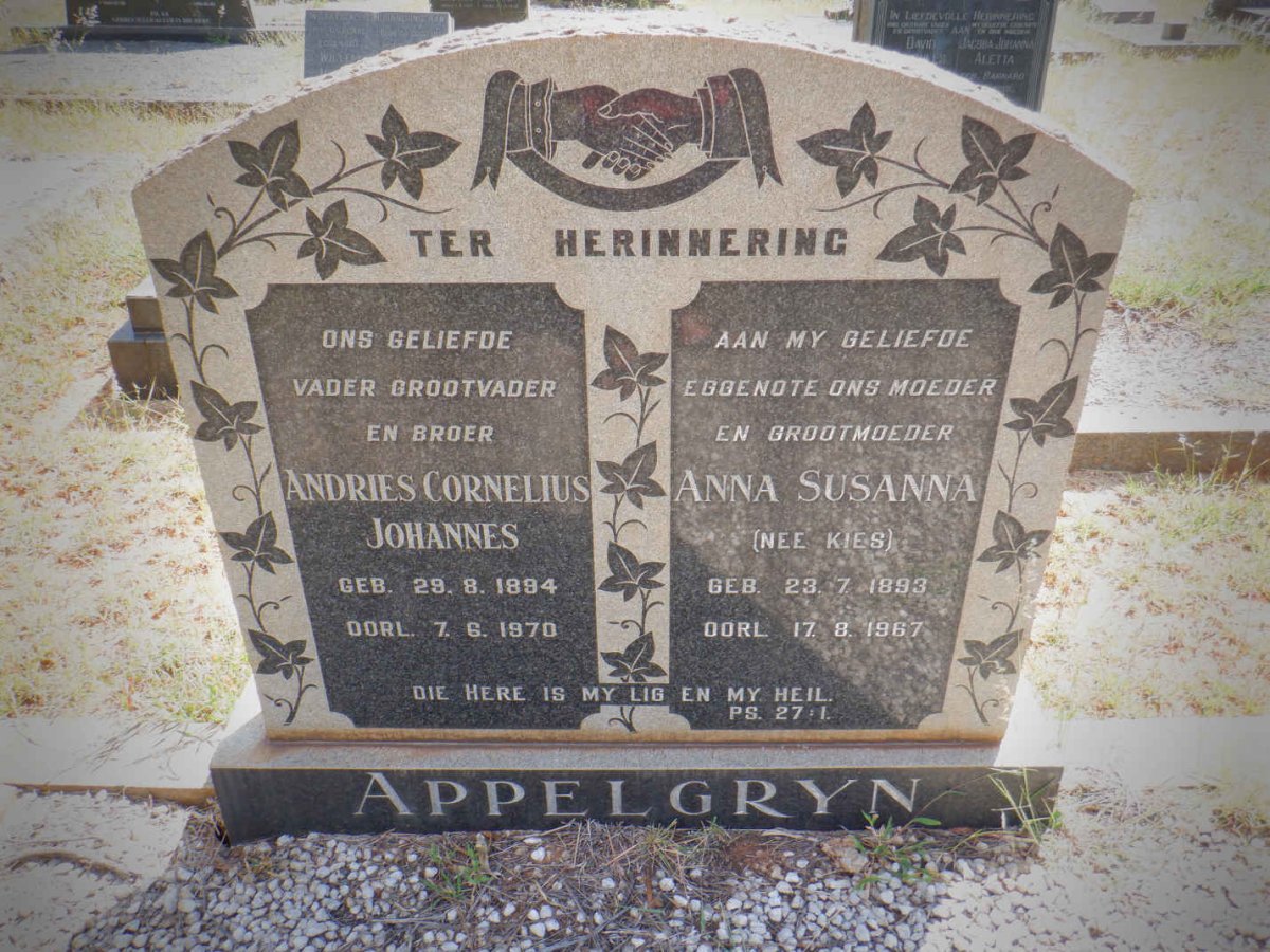 APPELGRYN Andries Cornelius Johannes 1894-1970 &amp; Anna Susanna KIES 1893-1967