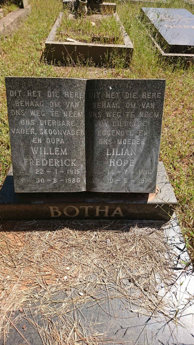 BOTHA Willem Frederick 1915-1986 &amp; Lilian Hope 1916-1974