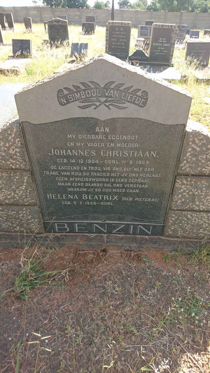 BENZIN Johannes Christiaan 1904-1959 &amp; Helena Beatrix PIETERSE 1929-