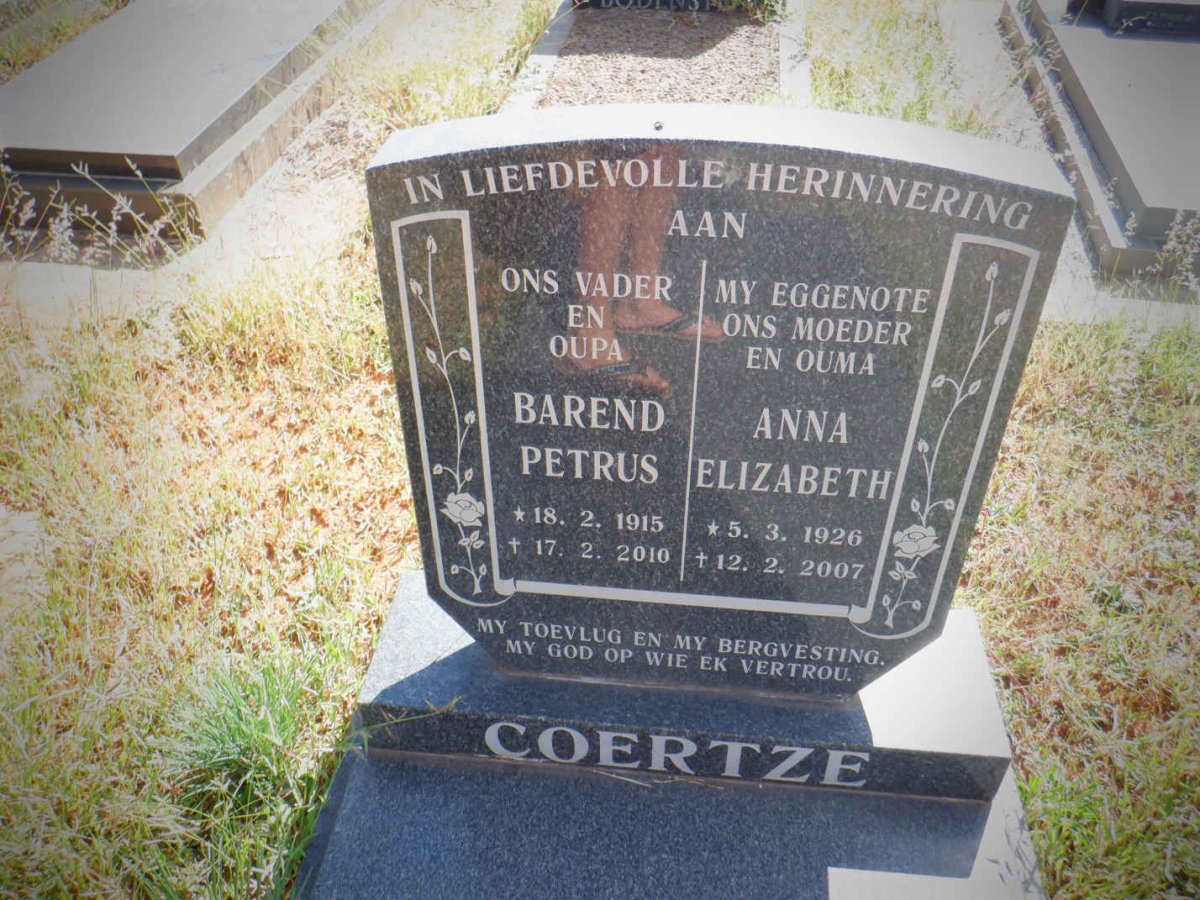 COERTZE Barend Petrus 1915-2010 &amp; Anna Elizabeth 1926-2007