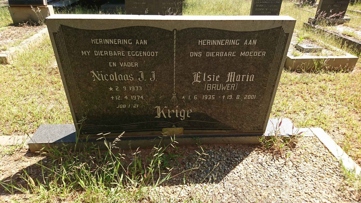 KRIGE Nicolaas J.J. 1933-1974 &amp; Elsie Maria BRUWER 1935-2001