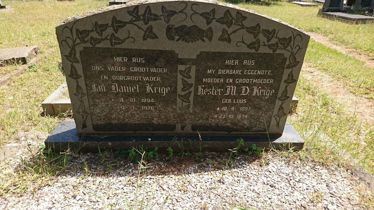 KRIGE Jan Daniel 1894-1976 &amp; Hester M.D. LUUS 1897-1974