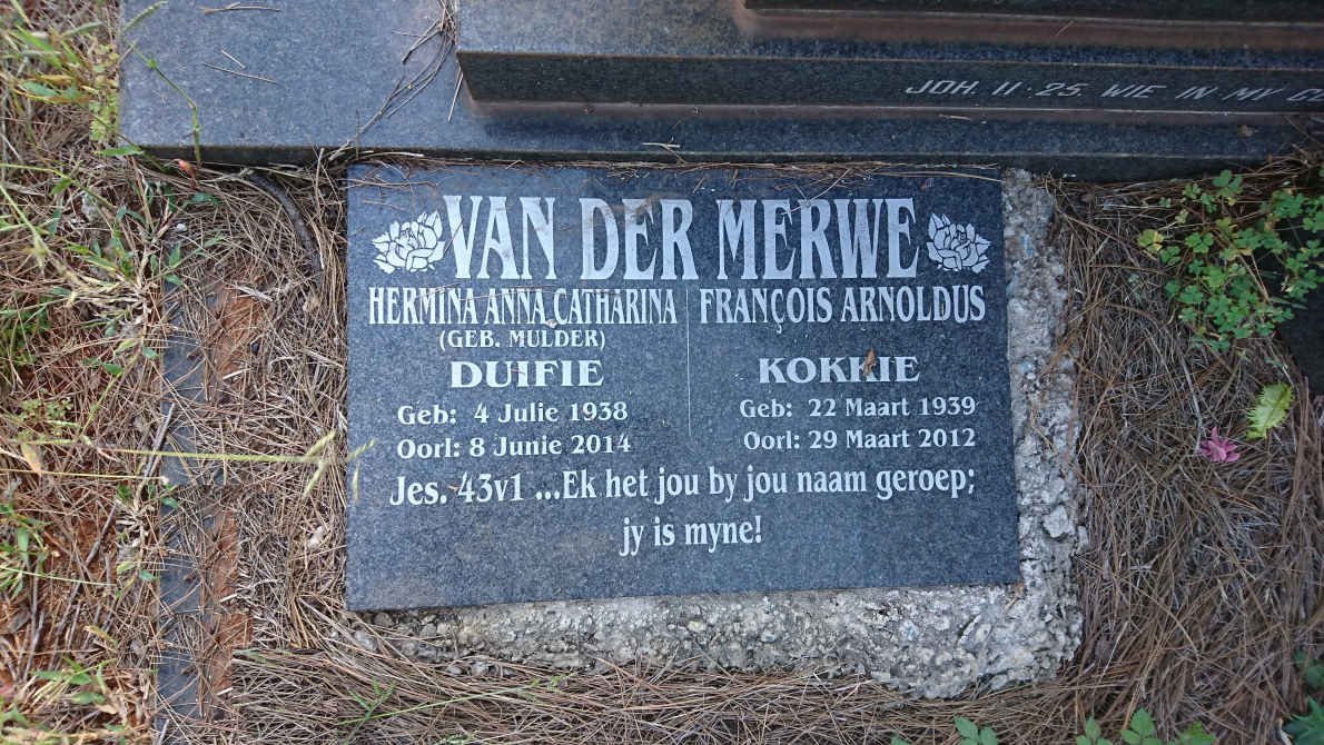 MERWE Francois Arnoldus, van der 1939-2012 &amp; Hermina Anna Catharina MULDER 1938-2014
