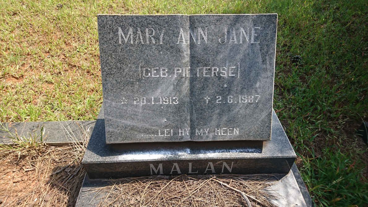 MALAN Mary Ann Jane nee PIETERSE 1913-1987