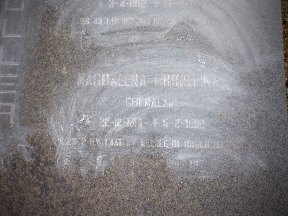 MÜLLER Hendrik Johannes 1912-1985 &amp; Magdalena Christina MALAN 1918-1992