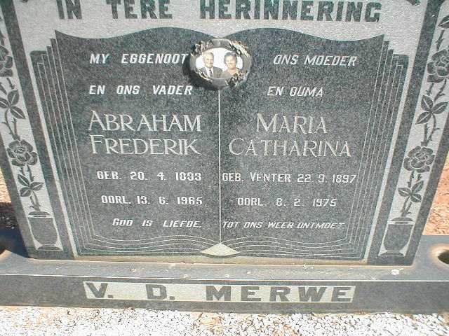 MERWE Abraham Frederik, v. d. 1893-1965 &amp; Maria Catharina VENTER 1897-1975