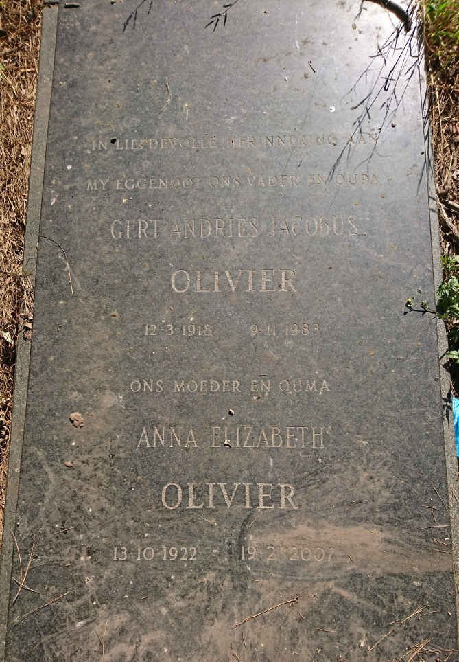OLIVIER Gert Andries Jacobus 1918-1983 &amp; Anna Elizabeth 1922-2007