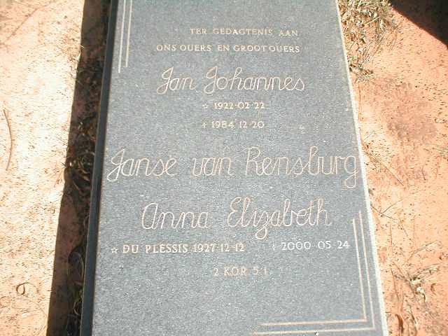 RENSBURG Jan Johannes, Janse van 1922-1984 &amp; Anna Elizabeth DU PLESSIS 1927-2000