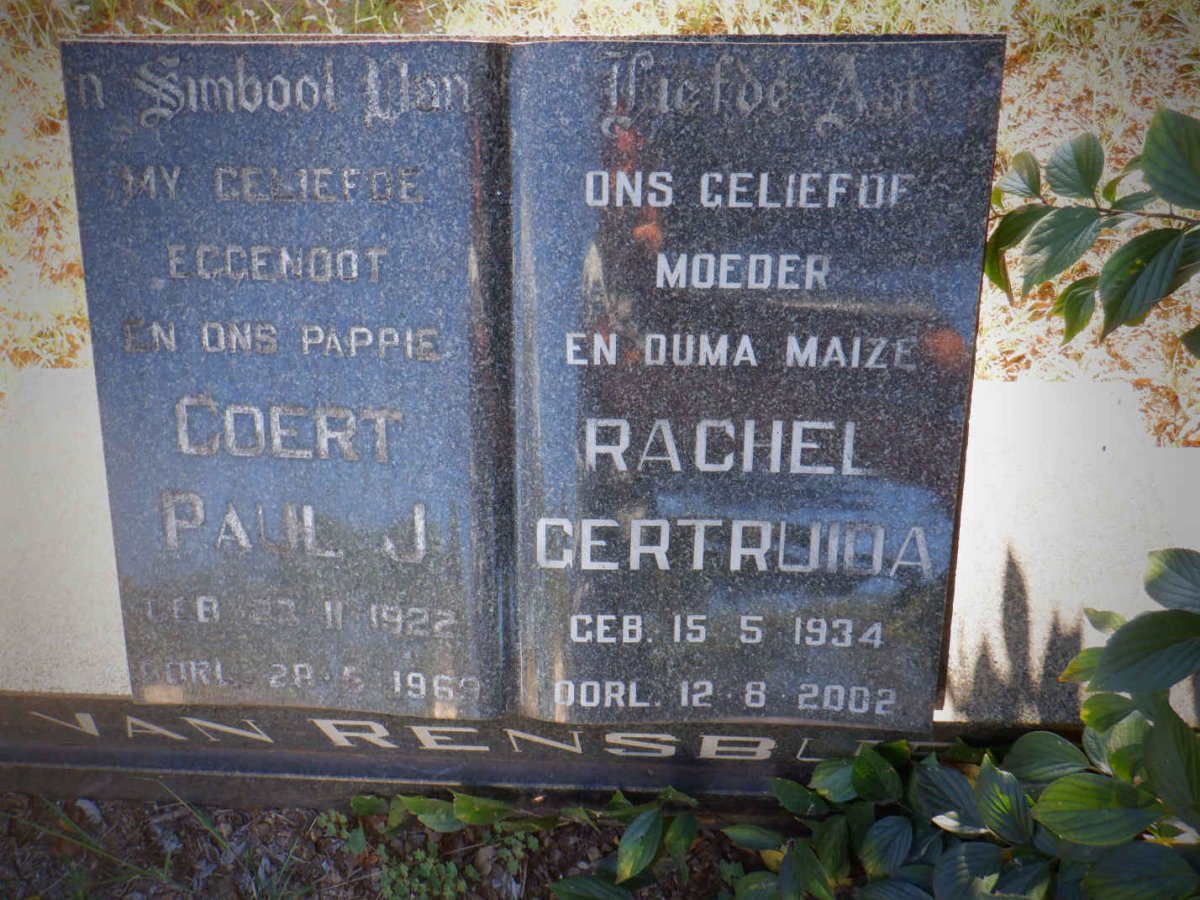RENSBURG Coert Paul J., van 1922-1969 &amp; Rachel Gertruida 1934-2002