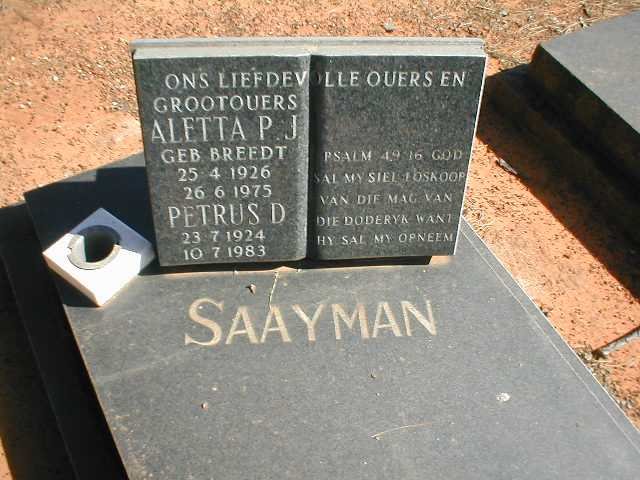 SAAYMAN Petrus D. 1924-1983 &amp; Aletta P.J.  BREEDT 1926-1975