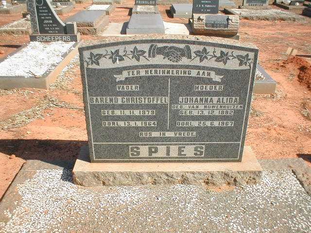SPIES Barend Christoffel 1879-1964 &amp; Johanna Alida VAN NUWENHUIZEN 1882-1967