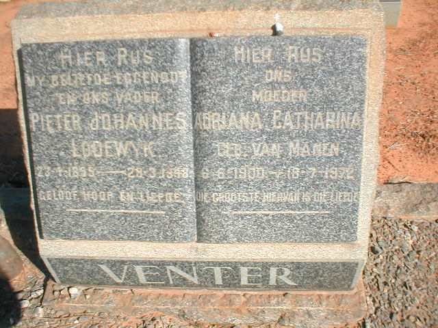 VENTER Pieter Johannes Lodewyk 1895-1948 &amp; Adriana Catharina VAN MANEN 1900-1972