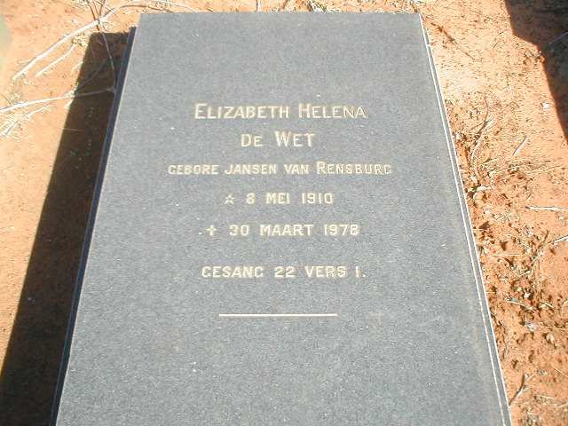 WET Elizabeth Helena, de geb. JANSEN VAN RENSBURG 1910-1978