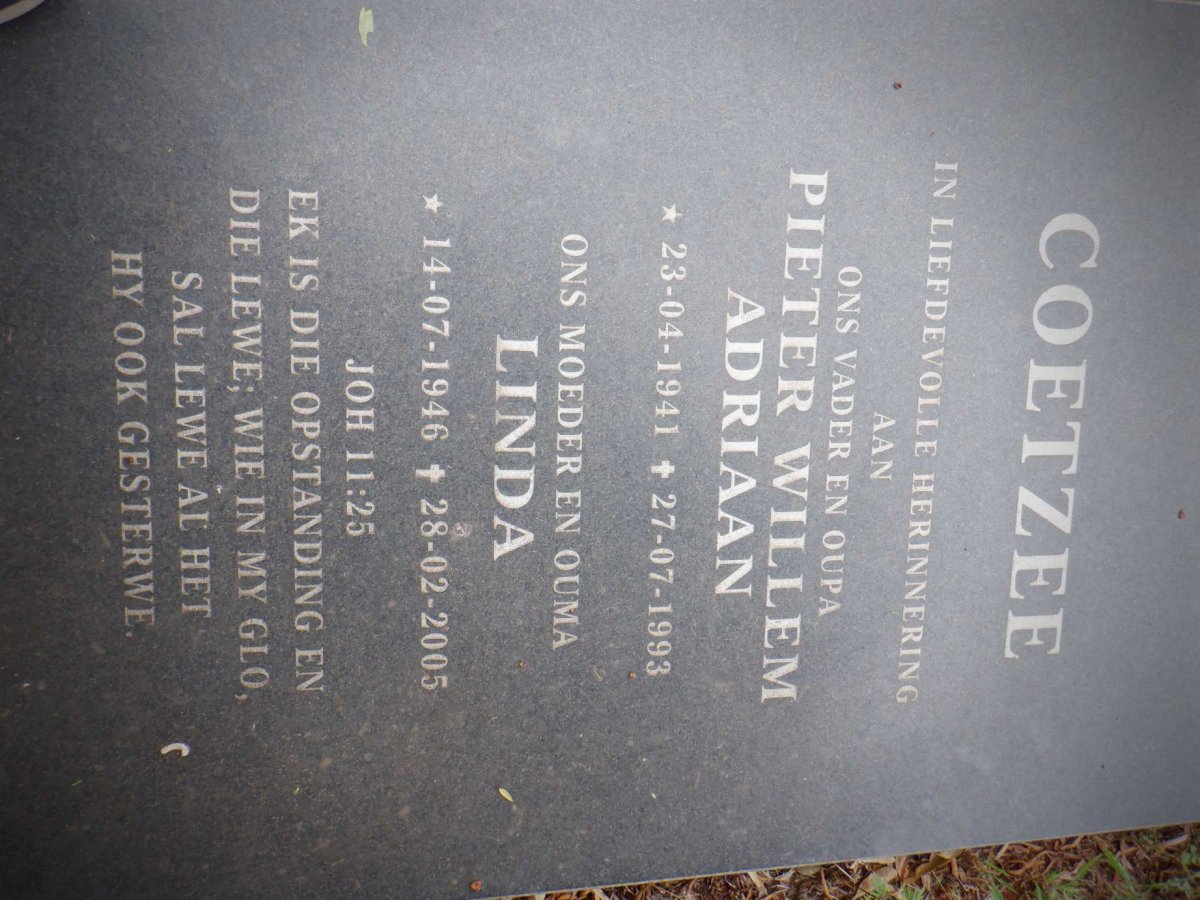 COETZEE Pieter Willem Adriaan 1941-1993 &amp; Linda 1946-2005