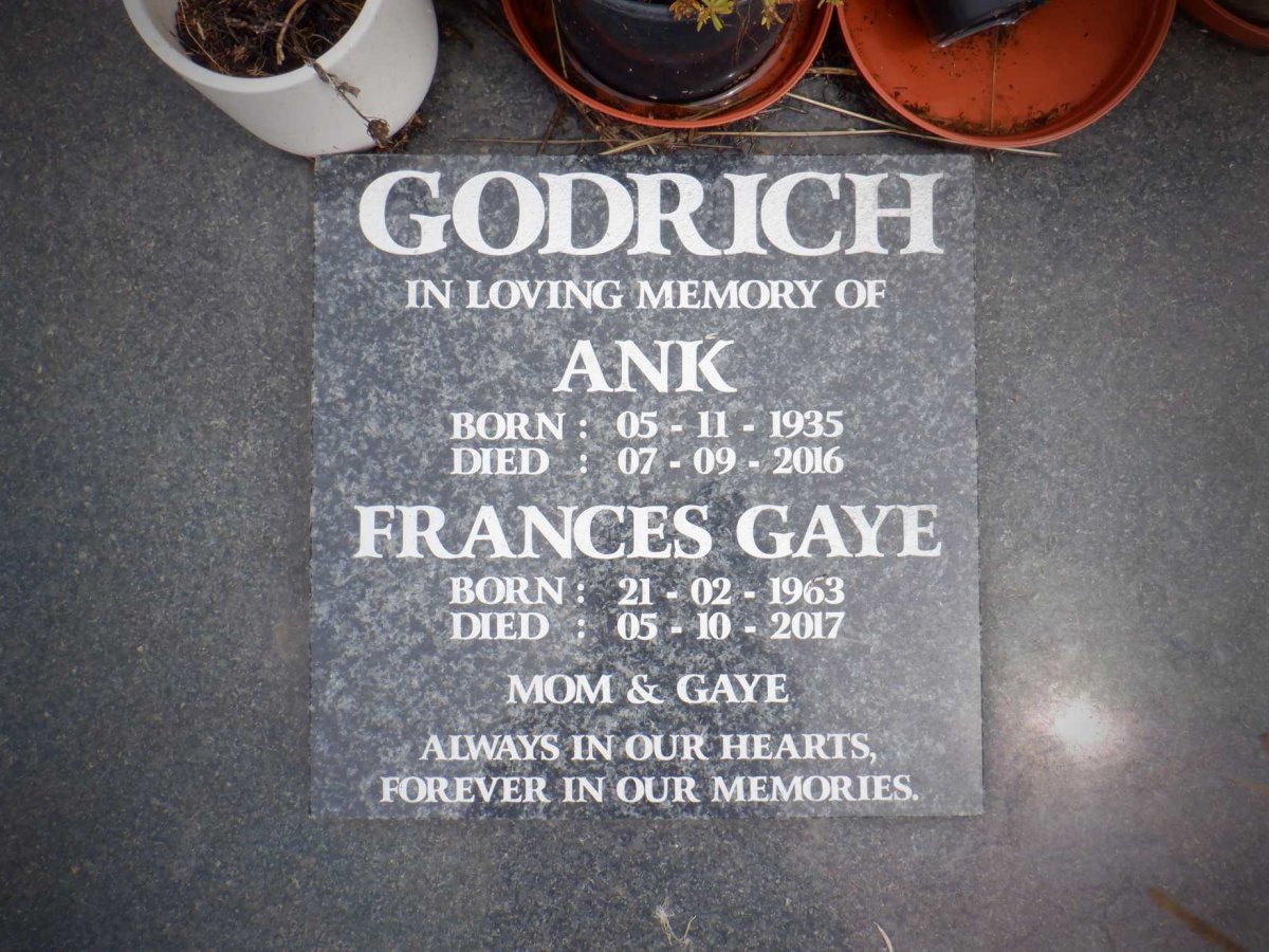 GODRICH Francis Carver 1915-2000 :: GODRICH Ank 1935-2016 :: GODRICH Frances Gaye 1963-2017