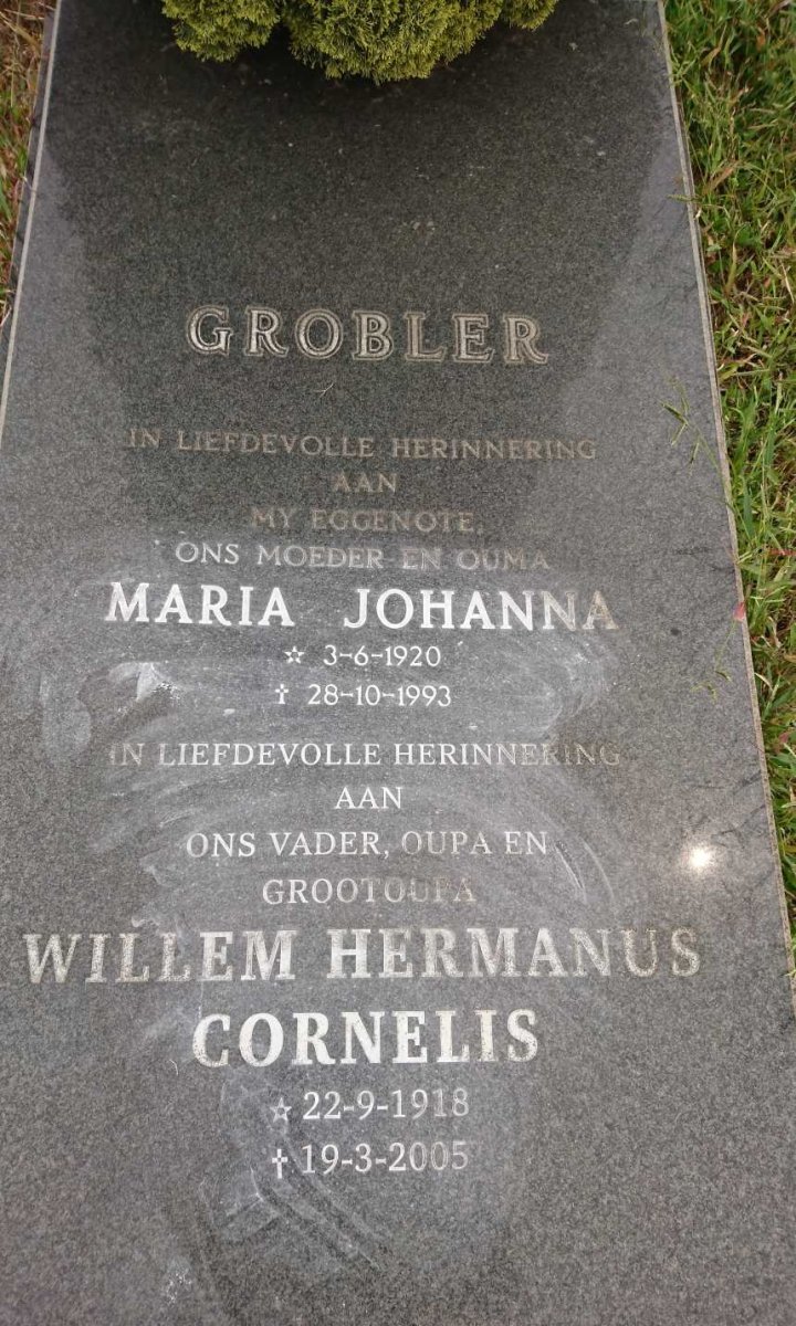 GROBLER Willem Hermanus Cornelis 1918-2005 &amp; Maria Johanna 1920-1993