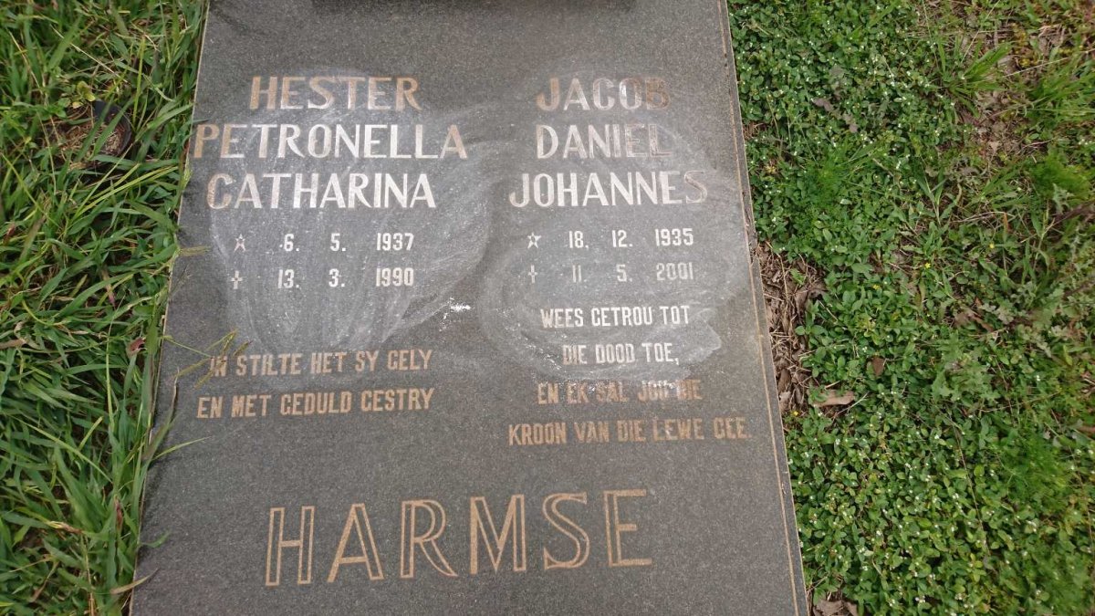 HARMSE Jacob Daniel Johannes 1935-2001 &amp; Hester Petronella Catharina 1937-1990