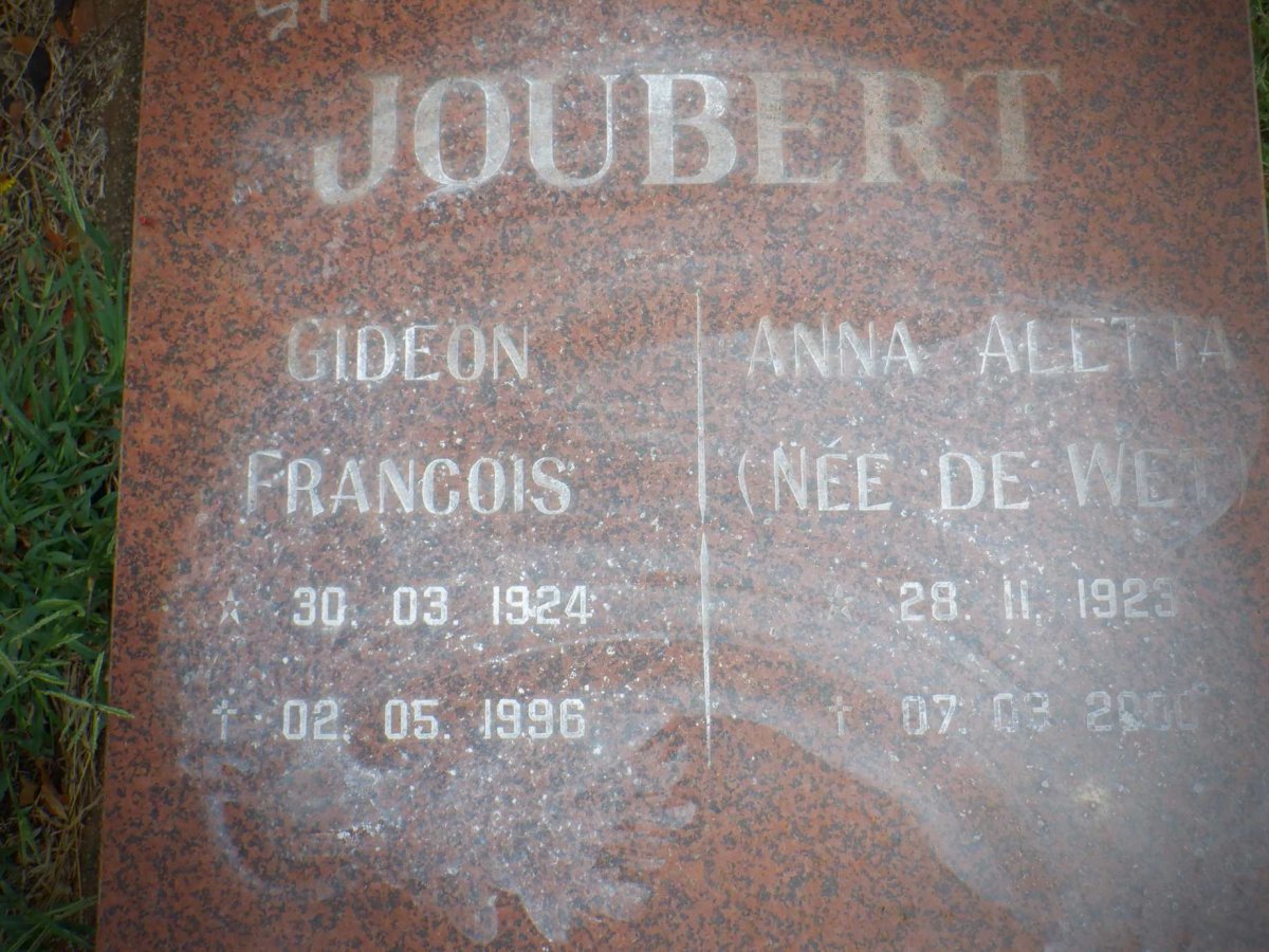 JOUBERT Gideon Francois 1924-1996 &amp; Anna Aletta DE WET 1925-2000