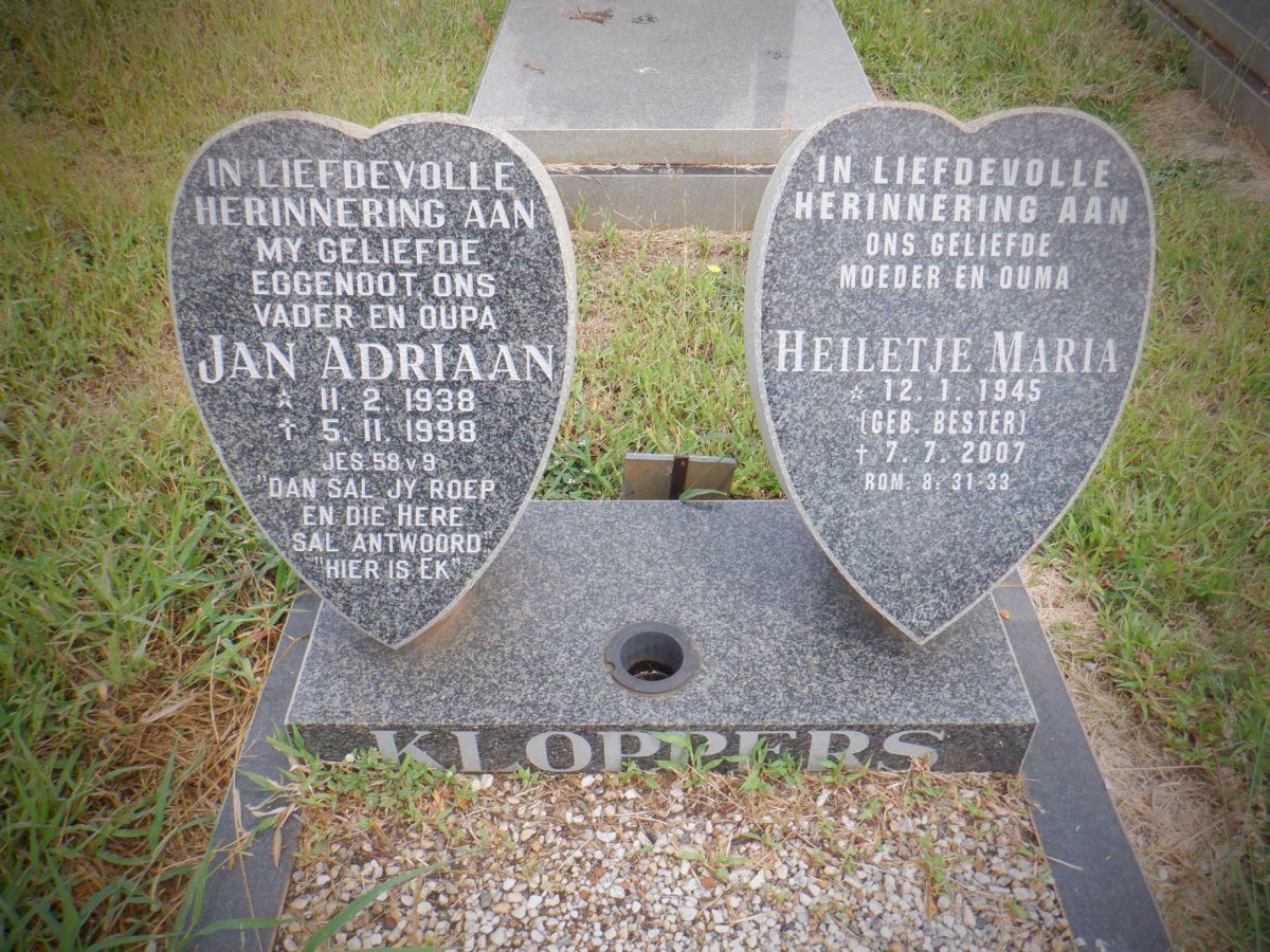 KLOPPERS Jan Adriaan 1938-1998 &amp; Heiletje Maria BESTER 1945-2007
