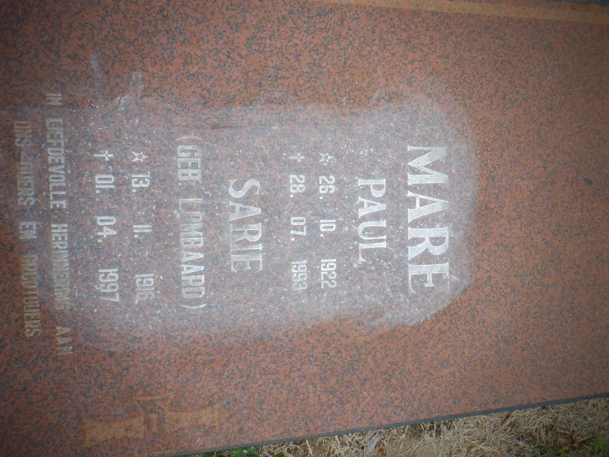 MARE Paul 1922-1993 &amp; Sarie LOMBAARD 1916-1997